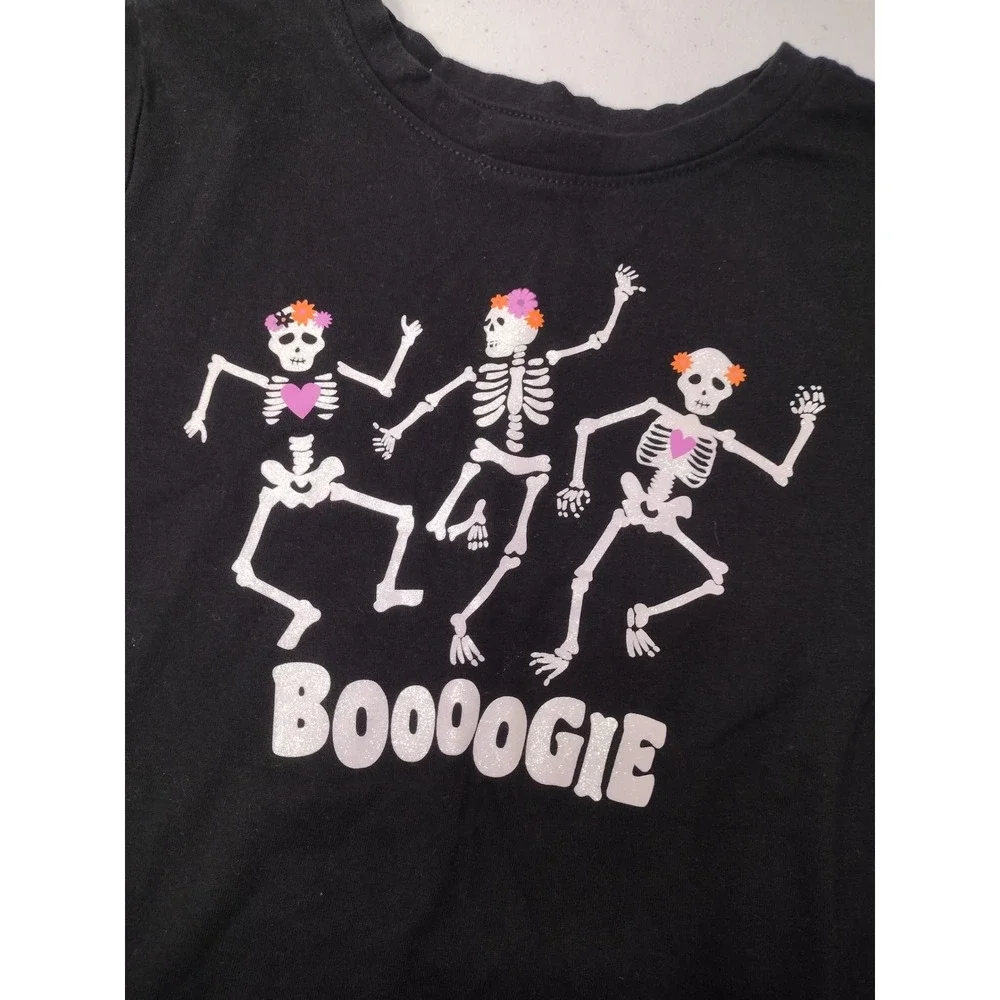 Girls Black Dancing Skeleton Boooogie Glitter Graphic Tee Shirt S 6-6X